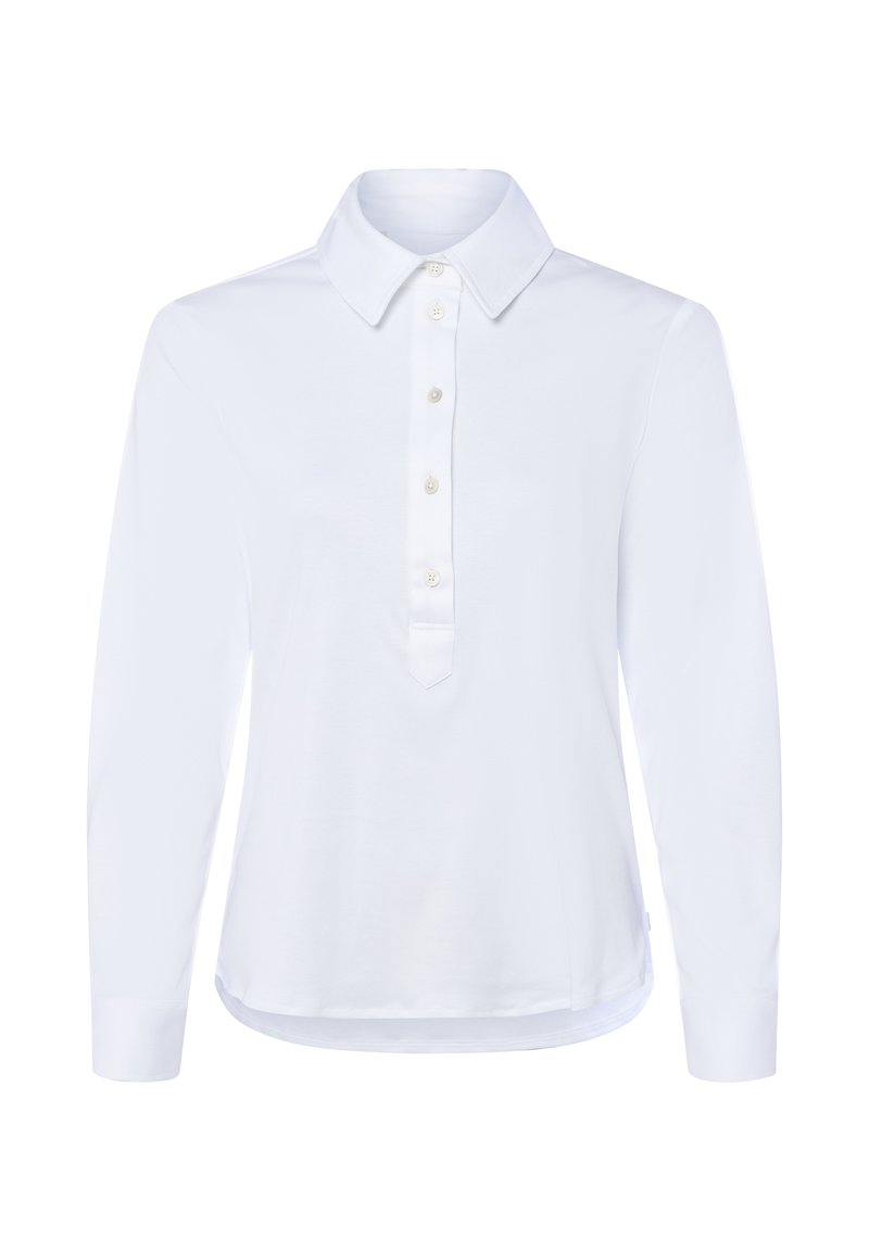 Weißes Langarm-Polohemd mit spitzem Kragen, plissierter Knopfleiste mit fünf Knöpfen und abgerundetem Saum für eine lockere Passform. Weicher, glatter Stoff.