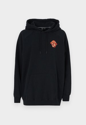 Sweatshirt à capuche noir avec une poche avant, présentant un graphique d'un champignon avec des détails orange et blancs sur la zone de la poitrine gauche.