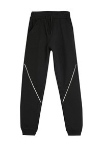 Pantalones de chándal negros de tela suave, con bolsillos laterales y rayas diagonales blancas como acentos. Cintura elástica con detalle de cordón.
