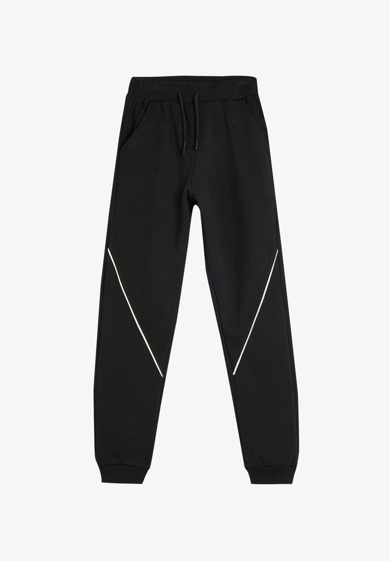 Schwarze Jogginghosen aus weichem Stoff, mit seitlichen Taschen und weißen diagonalen Streifen als Akzente. Elastischer Bund mit Kordelzug.