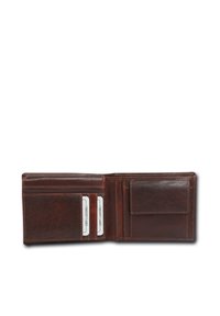 Bruine leren portefeuille met meerdere kaartslots, een gestructureerde afwerking en een vak voor geld of extra kaarten. Compact en met een bi-fold ontwerp.