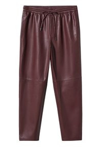 Burgundy leather joggers with an elastic waistband and drawstring. Features smooth texture and tapered legs, designed for comfort.