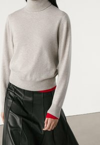 Hellgrauer Rollkragenpullover aus weichem Stoff, mit langen Ärmeln und einem gerippten Saum, kombiniert mit einem schwarzen Lederrock mit rotem Akzent.