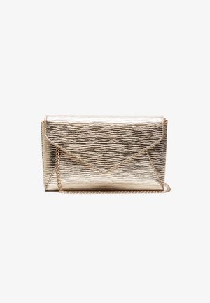 Gold textured envelope clutch bag with a flap closure and a thin chain strap against a white background.
