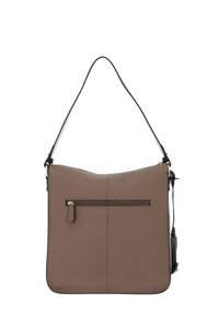 Brown leather shoulder bag with a single adjustable strap, featuring a front zip pocket and sleek smooth texture. Minimalist design.