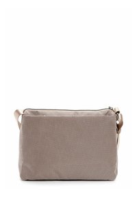 Borsa rettangolare beige con texture, chiusura a zip e tracolla color beige chiaro. La superficie presenta un delicato motivo intrecciato.