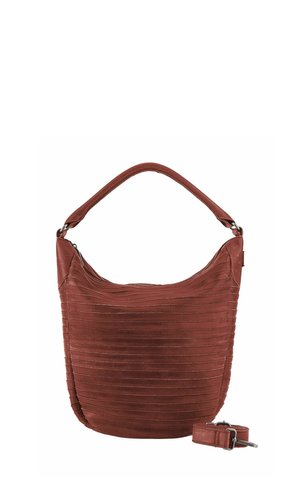 Braune Lederhandtasche mit horizontalen Nähten, einem Henkel und abnehmbarem, verstellbarem Schulterriemen daneben gelegt.
