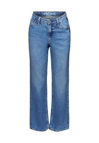 Jeans de mezclilla azul de pierna ancha con cintura alta, que cuentan con bolsillos frontales, cremallera y costuras decorativas. Detalle clásico de dobladillo deshilachado.