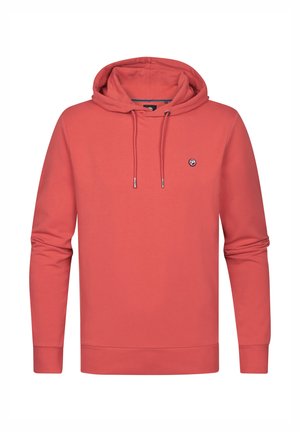 Sudadera coral con capucha ajustable, mangas largas y puños de canalé, que presenta un logo circular en el lado izquierdo del pecho. Tejido de algodón suave.