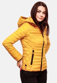 Yellow, quilted puffer jacket with a hood, featuring black zipper closures and two side pockets. Smooth texture with a fitted shape.