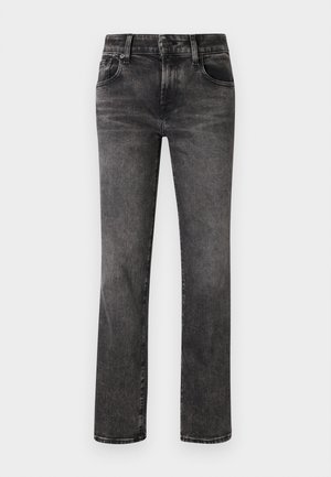 Sorte denim jeans med lige snit, der har fem lommer, knap- og lynlås-lukning samt diskret falmning over stoffet.