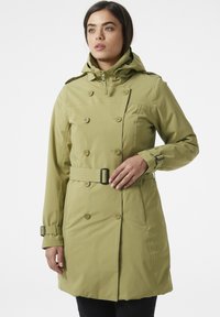 Khaki płaszcz trench z podwójnymi guzikami, paskiem w talii, zamkiem błyskawicznym z przodu oraz kapturem. Gładka tekstura i dopasowany krój.