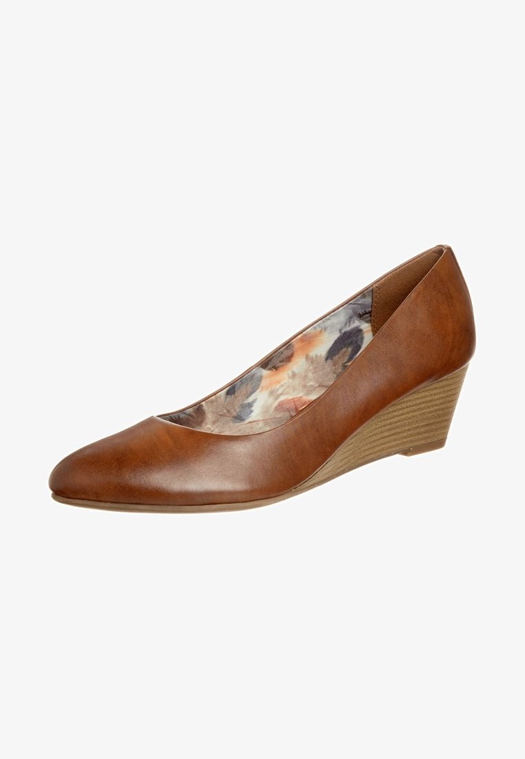 Chaussure à talon compensé en cuir marron avec un bout pointu et un talon compensé texturé de couleur marron clair. L'intérieur présente un motif floral multicolore.
