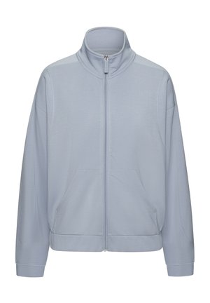 Light blue zip-up jacket with high collar, long sleeves, two front pockets, and ribbed cuffs. Made from soft, smooth material.