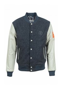 Giacca varsity in misto lana di colore blu navy con maniche in pelle crema. Presenta colletto e polsini a costine, chiusura a scatto e dettaglio ricamato sulla manica.