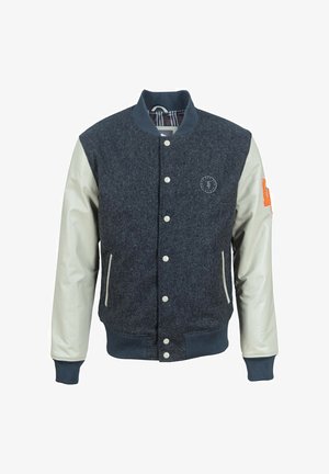 Wollmischung-Collegejacke in Marineblau mit cremefarbigen Lederärmel. Mit geripptem Kragen und Bündchen, Druckknopfverschlüssen und gesticktem Detail am Ärmel.