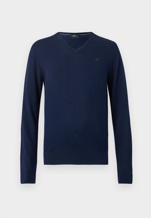 Maglione blu navy a scollo a V con maniche lunghe, polsini e orlo a coste, con un discreto logo ricamato sul lato sinistro del petto.