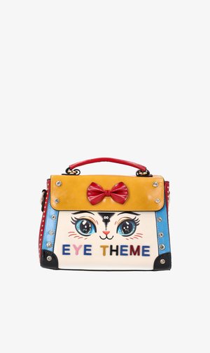 Small handbag with colorful design featuring large cartoon cat eyes, red bow on yellow flap, and the words "EYE THEME" on front.
