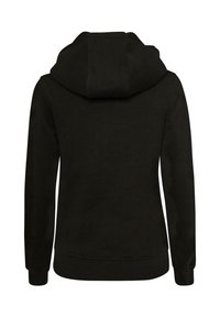 Sudadera negra con un ajuste ceñido, que cuenta con un alto cuello y una capucha con cordón. El material parece suave con puños y dobladillo acanalados.
