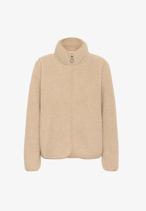 Beige fleece jacket with a high collar, full front zipper, and textured fabric. Features a smooth interior lining and no visible fasteners.