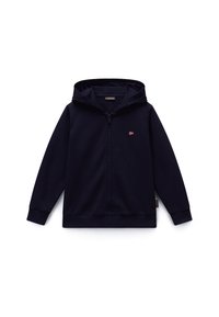 Tmavomodrá mikina na zips s predným zipsom, klokanie vrecká a malým vyšívaným logom na hrudi. Bavlnená zmesová tkanina.