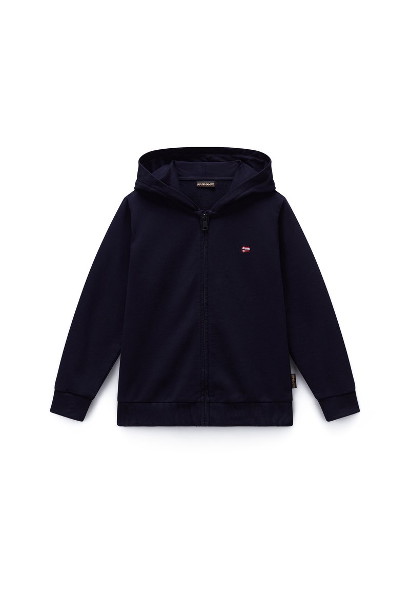 Tmavomodrá mikina na zips s predným zipsom, klokanie vrecká a malým vyšívaným logom na hrudi. Bavlnená zmesová tkanina.