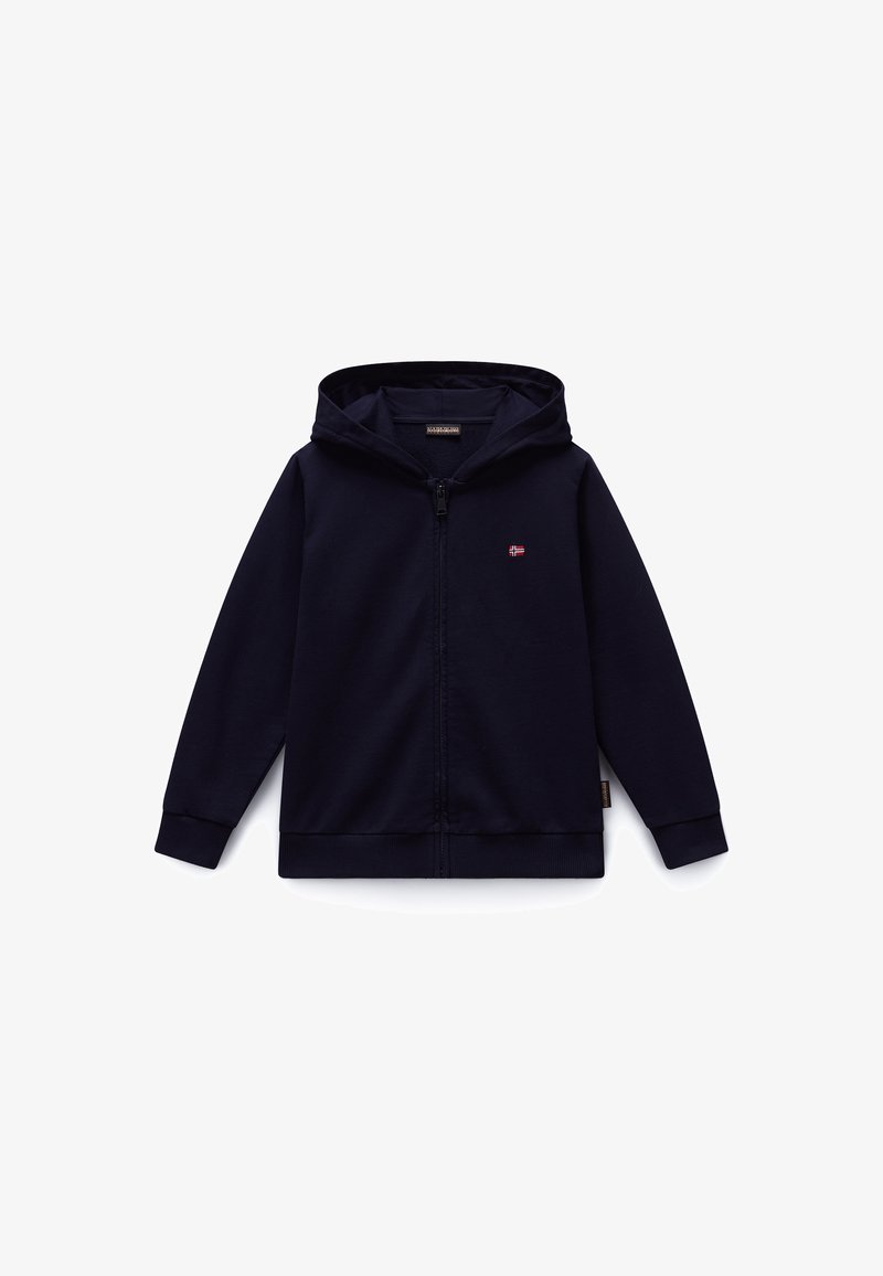 Tmavomodrá mikina na zips s predným zipsom, klokanie vrecká a malým vyšívaným logom na hrudi. Bavlnená zmesová tkanina.