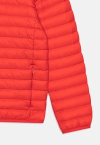 Roter Puffermantel-Bereich mit gestepptem Stoff, horizontalen Nähten, elastischen Bündchen und einer Reißverschlusstasche an der Seite.