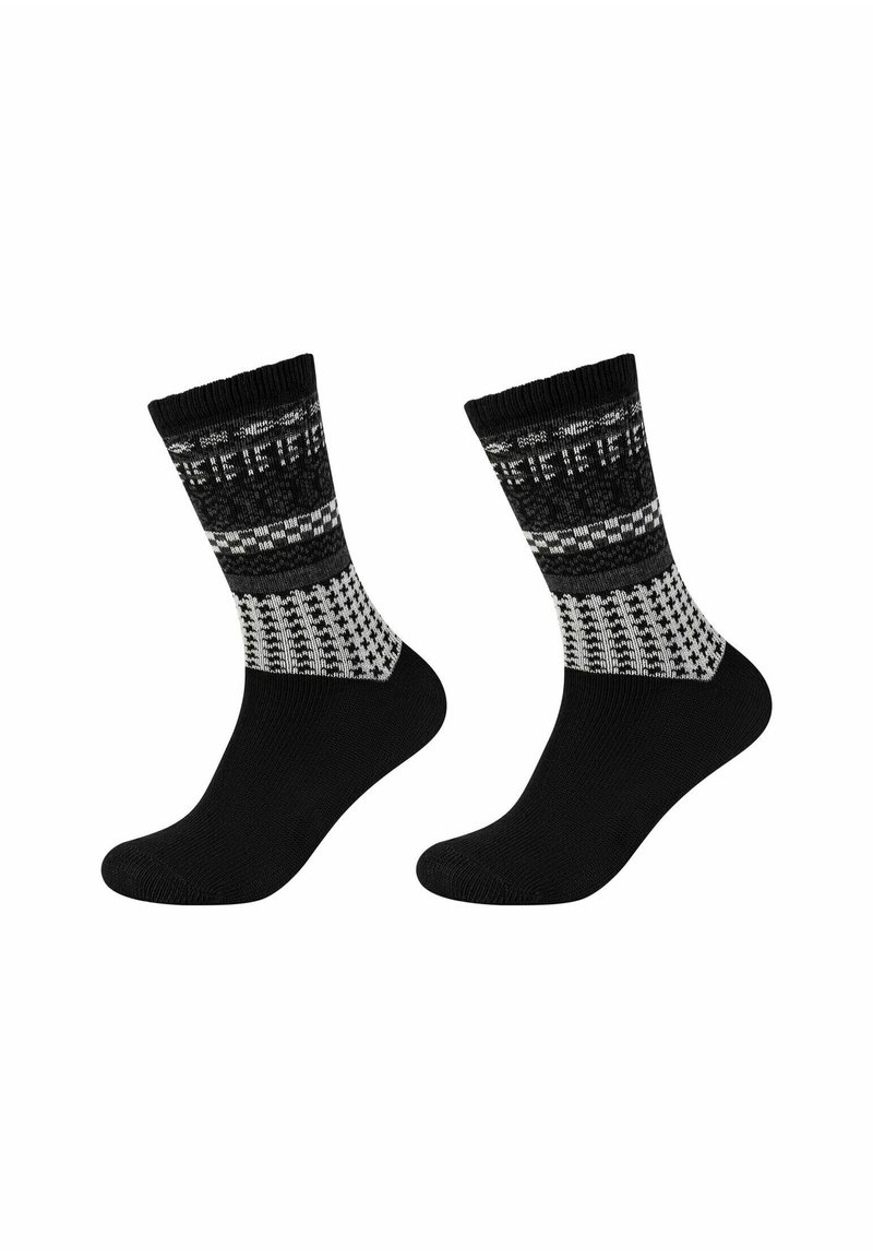 Calzini neri con una sezione alla caviglia grigia e bianca a motivi. Presentano un design in maglia con forme geometriche e una consistenza liscia.