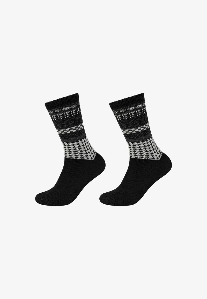 Chaussettes noires avec une partie de cheville grise et blanche à motifs. Présente un design tricoté avec des formes géométriques et une texture lisse.