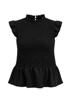 Blouse noire sans manches avec corsage smocké, col à volants, manches papillon et ourlet à basque, fermeture dans le dos au niveau du col.