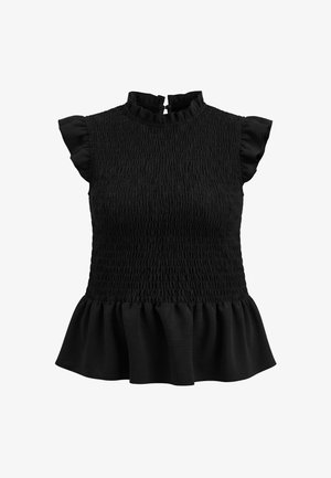 Czarna bluzka bez rękawów z gorsetowym stanikiem, falbanianym kołnierzem, zwiewnymi rękawkami i dołem w stylu peplum, zapięciem z tyłu na karku.