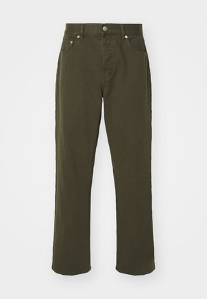 Olive green cotton trousers with a straight leg design, five pockets, and metal hardware including a button and rivets.