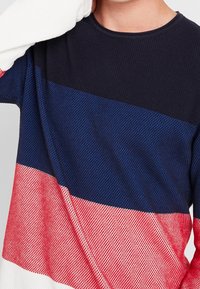 Gebreide trui met marineblauwe, blauwe en rode horizontale strepen, een gestructureerde afwerking en een ronde halslijn. De manchetten zijn wit.