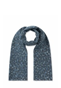 Sciarpa blu a motivo, realizzata in materiale morbido, presenta una combinazione di tonalità di blu scuro e chiaro con bordi frangiati e una forma lunga e rettangolare.