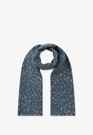 Blue patterned scarf made of soft material, featuring a blend of dark and light blue shades with fringed edges and a long, rectangular shape.