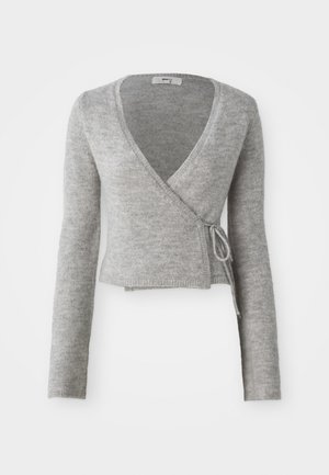 Grå omslag cardigan laget av mykt strikket materiale, med lange ermer, dype V-hals og en knyting i midjen.