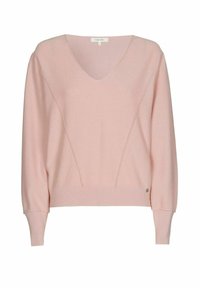 Pull en maille rose avec un col en V, un design à épaule tombante et des poignets côtelés. Présente des détails de couture subtils et un petit logo sur l'ourlet.