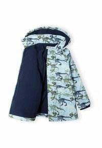 Svetlo modra deţna jakna z motivom dinozavrov v zeleni in modri barvi, z modrim flisastim podlogom in kapuco, z zadrgo in elastičnimi manšeti.