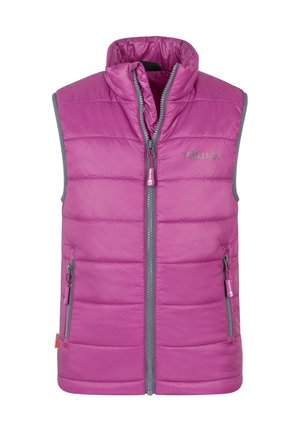 Purple padded sleeveless vest with front zipper, two zipped side pockets, and a high collar, designed for children.