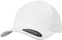 White Flexfit Delta cap with a smooth fabric texture, curved visor, and a signature black logo patch on the side.