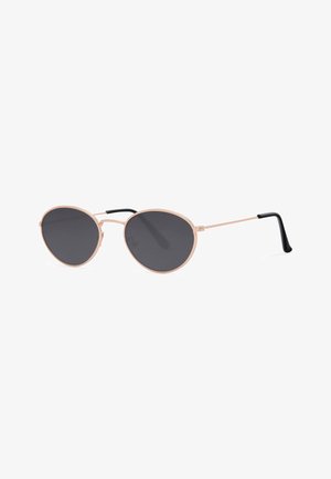Lunettes de soleil rondes avec fines montures métalliques en or rose, verres teintés foncés et branches noires courbées.