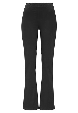 Schwarze Schlaghosen mit einem elastischen Bund. Hergestellt aus weichem Stoff, mit glatter Textur und einem schlichten, ungeschmückten Design.