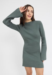 Abito a maniche lunghe a coste di un verde smorzato. Silhouette aderente con maniche ampie e dettagli di cucitura diagonale. Tessuto morbido, lunghezza fino al ginocchio.