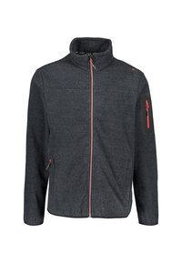 Dark gray fleece jacket with a high collar, front zipper, and pink accents. Features side pockets and a zippered arm pocket. Textured fabric.