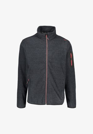 Dunkelgraue Fleecejacke mit hohem Kragen, Vorderreißverschluss und pinken Akzenten. Verfügt über seitliche Taschen und eine Reißverschlusstasche am Arm. Strukturiertes Gewebe.