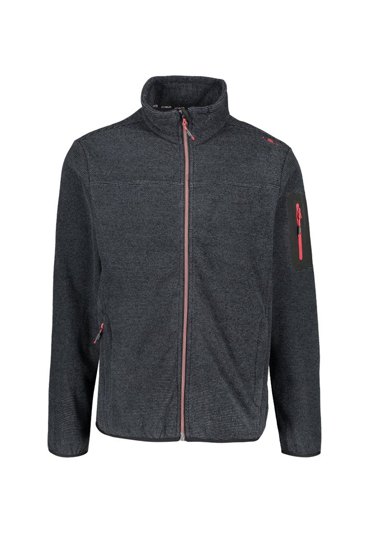 Dark gray fleece jacket with a high collar, front zipper, and pink accents. Features side pockets and a zippered arm pocket. Textured fabric.