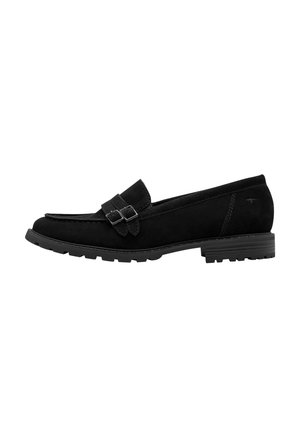 Mocassino in camoscio nero con doppi cinturini con fibbie, punta arrotondata e tacco basso impilato con suola in gomma testurizzata.