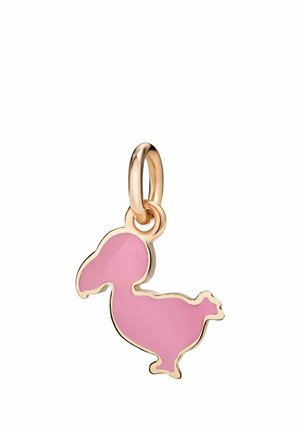 Pink emaillierter Dodo-Vogel-Anhänger mit goldener Umrandung und Schlaufe zum Befestigen an einem Armband oder einer Halskette.