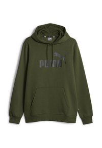 Grön hoodie i mjukt material med en framficka, dragsko till huvan och stor, reflekterande svart "PUMA"-logotyp.